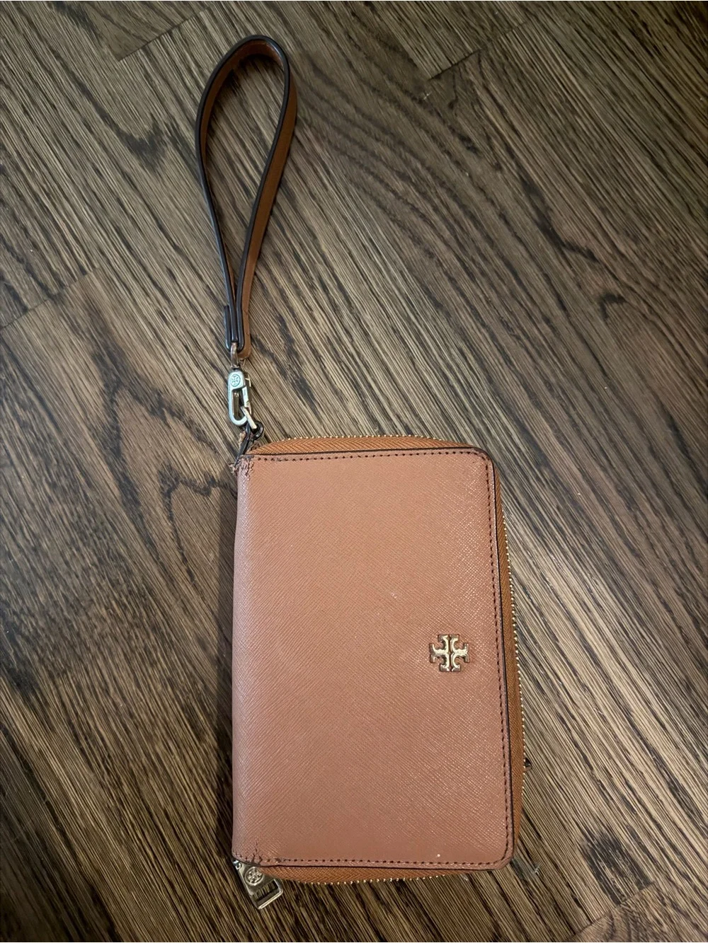 Tory Burch Cognac Leather Zip Wristlet with Gold Logo